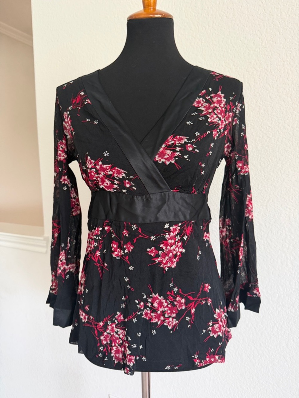 New York & Company Black Floral Satin-Trim V-Neck Blouse